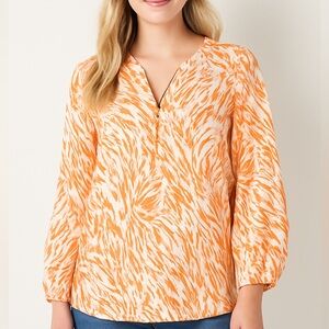 Passport by Susan Graver Abstract Print Popover Blouse – Orange/White‎ – XXS